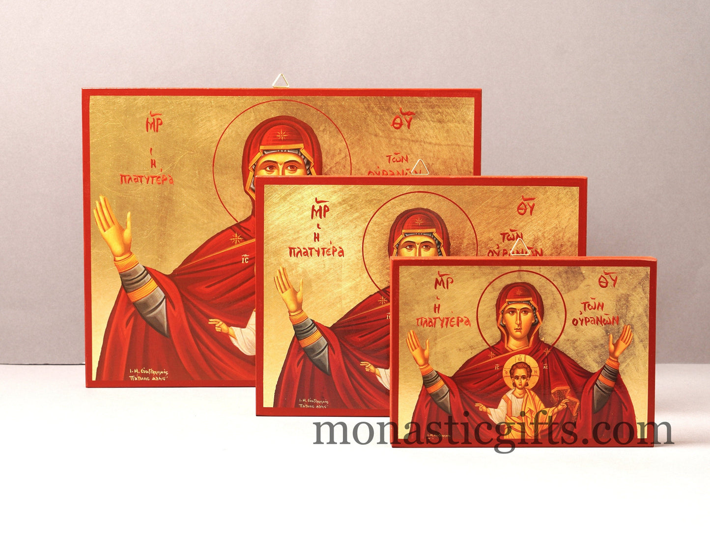 Virgin Mary Platytera Ouranon of Sky with Jesus Christ Wooden Icon in Golden leaf, Byzantine icon Our Lord 's Christian home gift