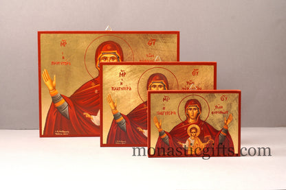 Virgin Mary Platytera Ouranon of Sky with Jesus Christ Wooden Icon in Golden leaf, Byzantine icon Our Lord 's Christian home gift