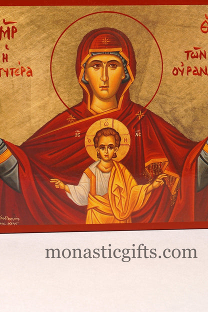 Virgin Mary Platytera Ouranon of Sky with Jesus Christ Wooden Icon in Golden leaf, Byzantine icon Our Lord 's Christian home gift