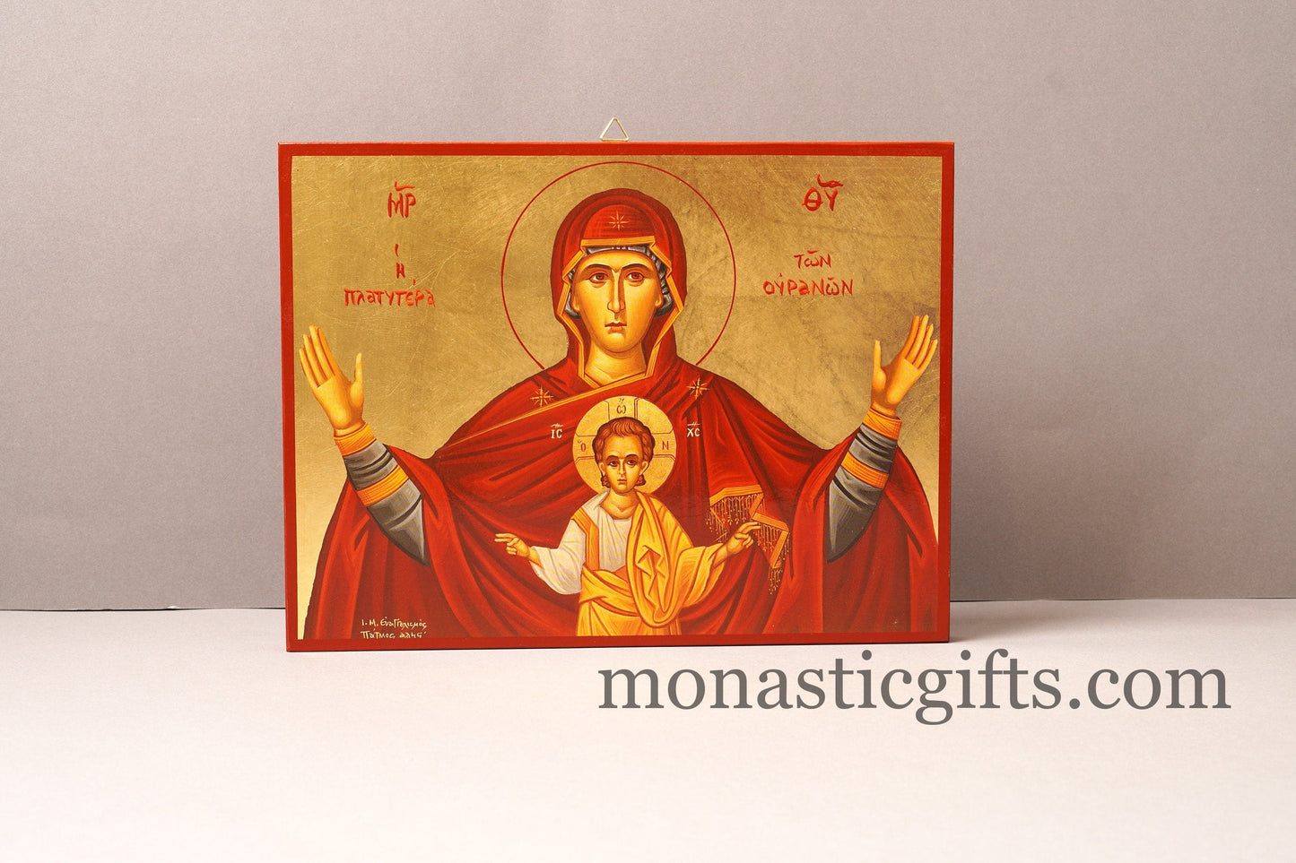 Virgin Mary Platytera Ouranon of Sky with Jesus Christ Wooden Icon in Golden leaf, Byzantine icon Our Lord 's Christian home gift