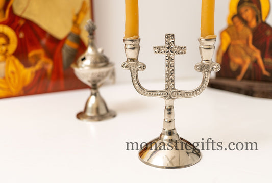 Brass Nickel Carved Double Candlestick Candles Holder with cross Handmade 100% Authentic