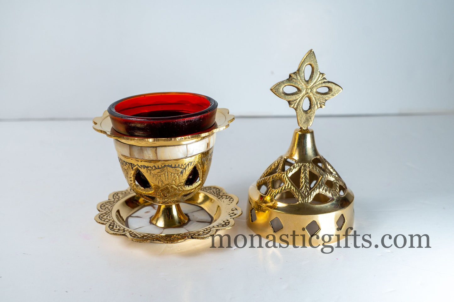 Handmade Brass Standing Oil Lamps with seashell   Oil Vigil Lamp Brass - Oil Candle with Glass Cup Home Decor Wall a perfect Christian  Gift