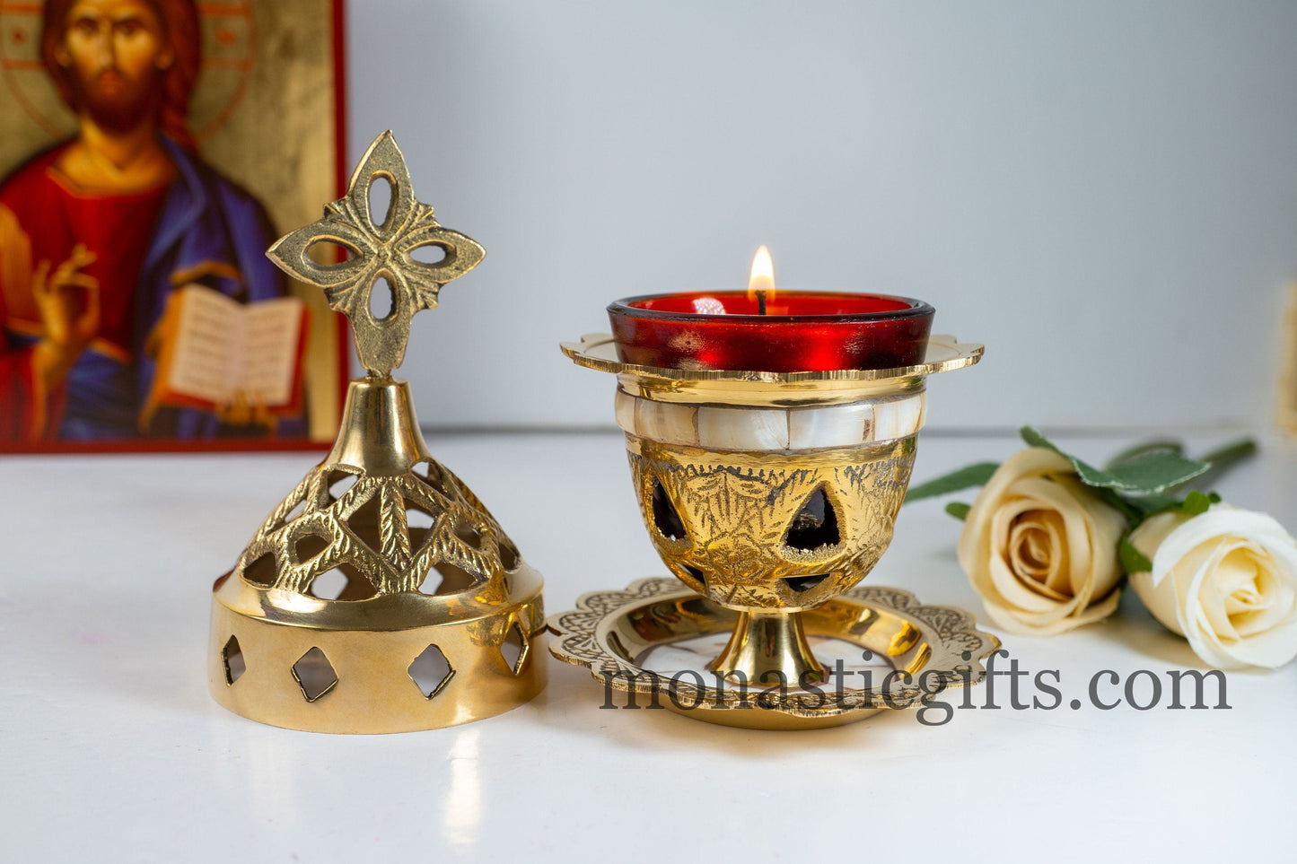 Handmade Brass Standing Oil Lamps with seashell   Oil Vigil Lamp Brass - Oil Candle with Glass Cup Home Decor Wall a perfect Christian  Gift