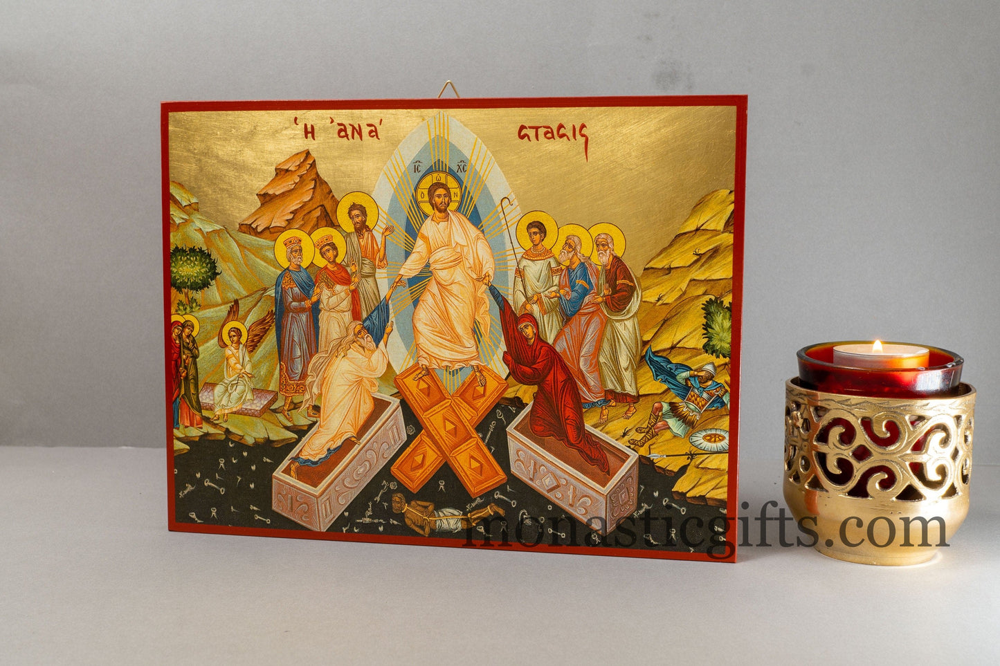 Byzantine wooden Icon in Golden leaf, with Resurrection of Jesus Christ ,home gift