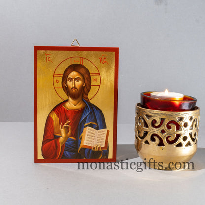 Byzantine wooden Icon in Golden leaf, of Jesus Christ the Blessing ,home gift