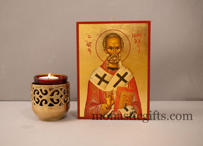 Saint Nicholas Greek-Byzantine Orthodox Icon of St Nick, Byzantine art wall hanging icon on wood plaque, religious gift