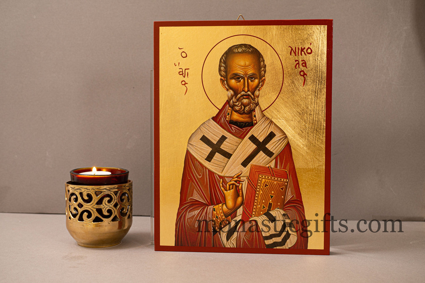 Saint Nicholas Greek-Byzantine Orthodox Icon of St Nick, Byzantine art wall hanging icon on wood plaque, religious gift