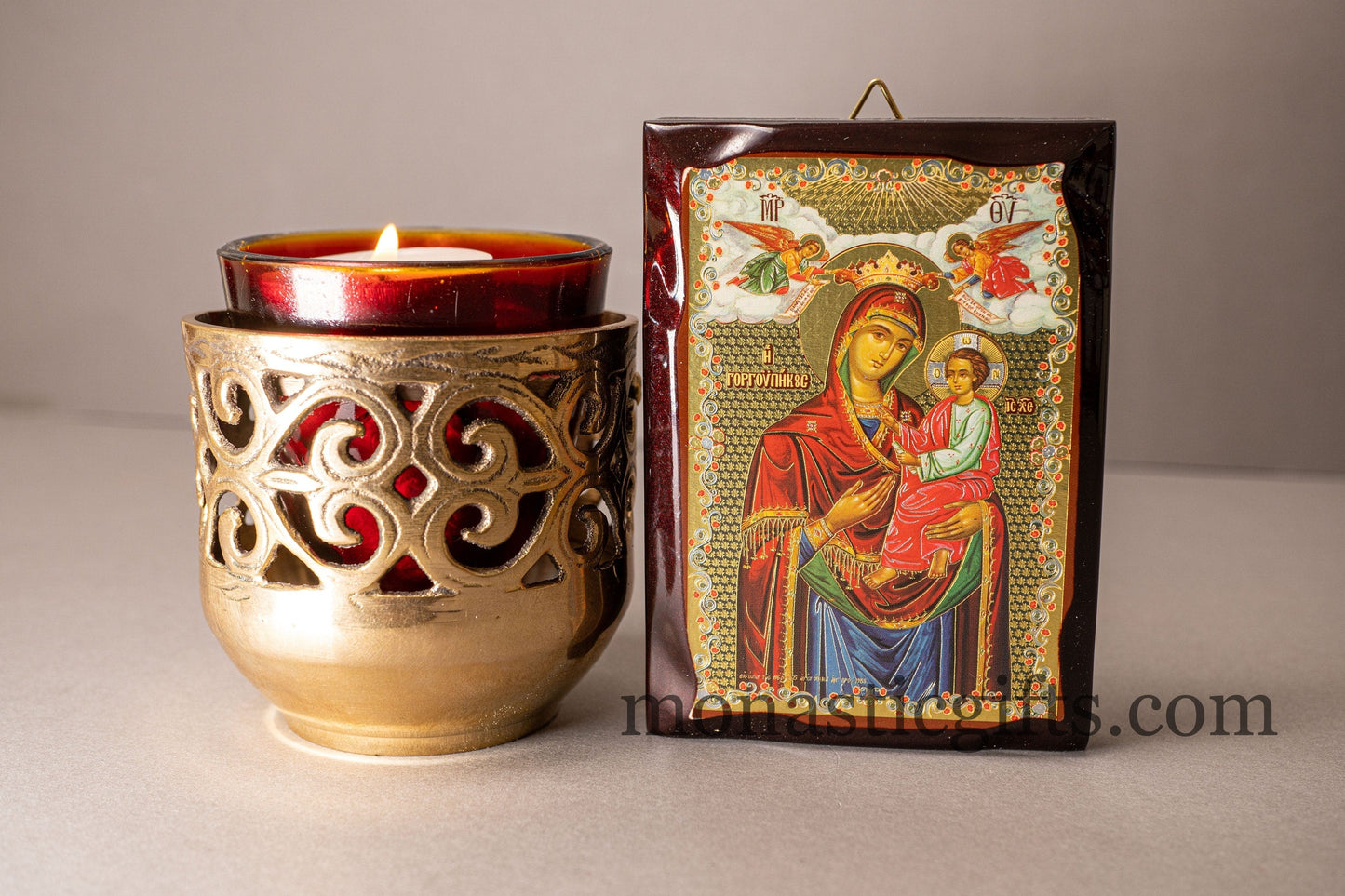 Virgin Mary Gorgoipikoos,Flat Icon with gilded silver,plated ornament with special varnish for long lasting shine.