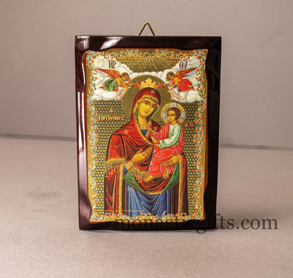 Virgin Mary Gorgoipikoos,Flat Icon with gilded silver,plated ornament with special varnish for long lasting shine.