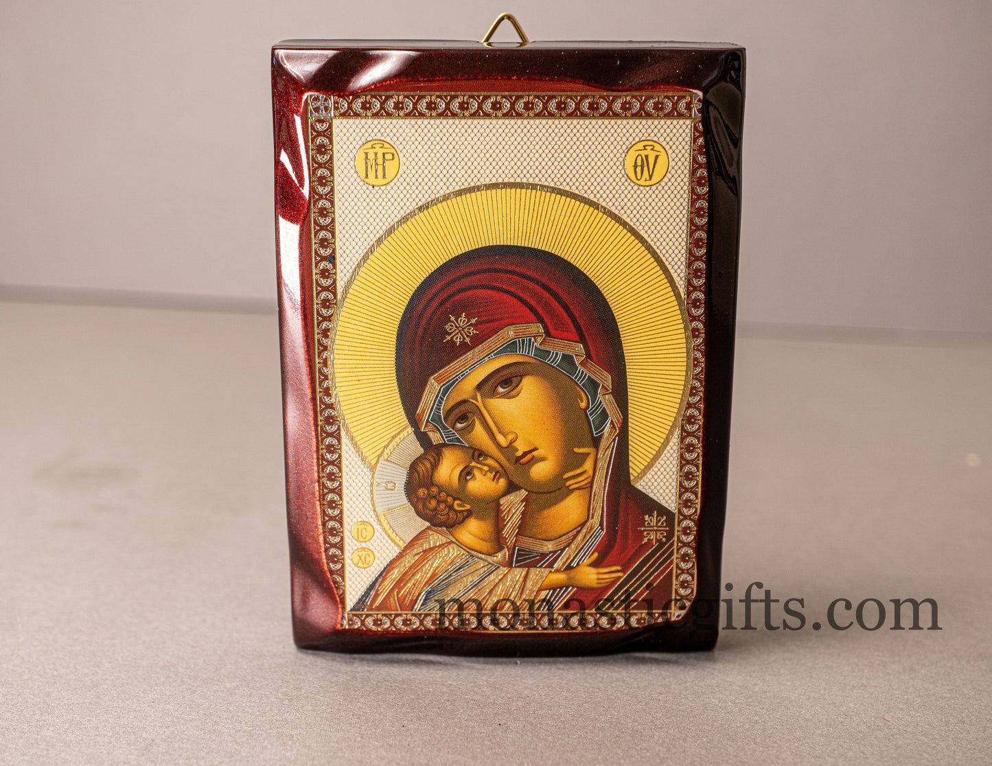 Virgin Mary Sweet Kiss ,Glykofilousa ,Flat Icon with gilded silver,plated ornament with special varnish for long lasting shine.