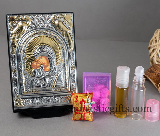 Orthodox Special Box with icon of Mother of God and Myrrh oil-incense -Charcoals-amulet-empty Glass for Holy water A perfect idea for Gift