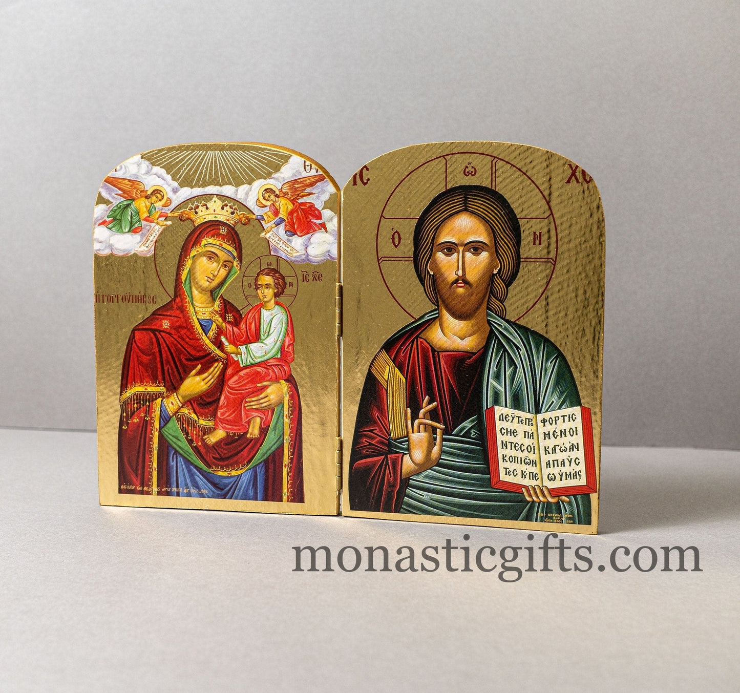 Diptych wooden Icon with the Jesus Christ  the Holy Theotokos , Greek Orthodox Icon , Home Decor,Orthodox Gift