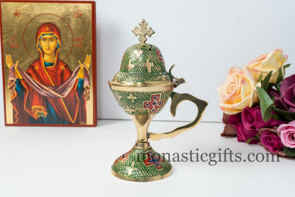 Incense Burner made from Brass with Green and Red enamel coating, Original Big and Heavy (250gr) Handmade - With free Gifts