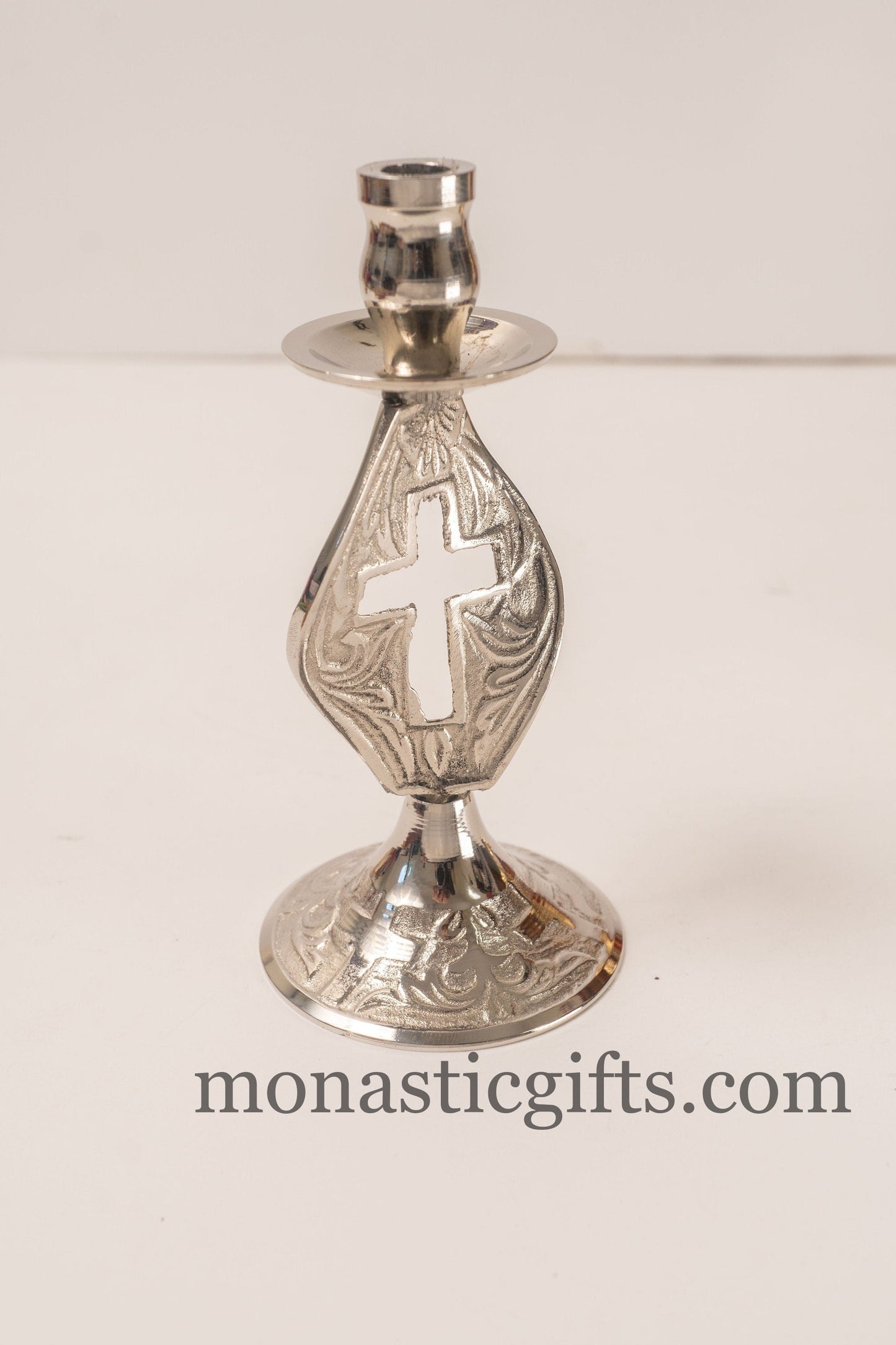 Brass (Nickel Plated) Carved Candlestick Candle Holder with cross Hand made brass candle holder 100%Authentic.