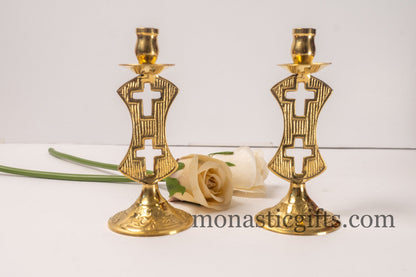 Brass Candle Holder with Dual Cross Design (1 Piece) Authentic and Beautiful Handmade