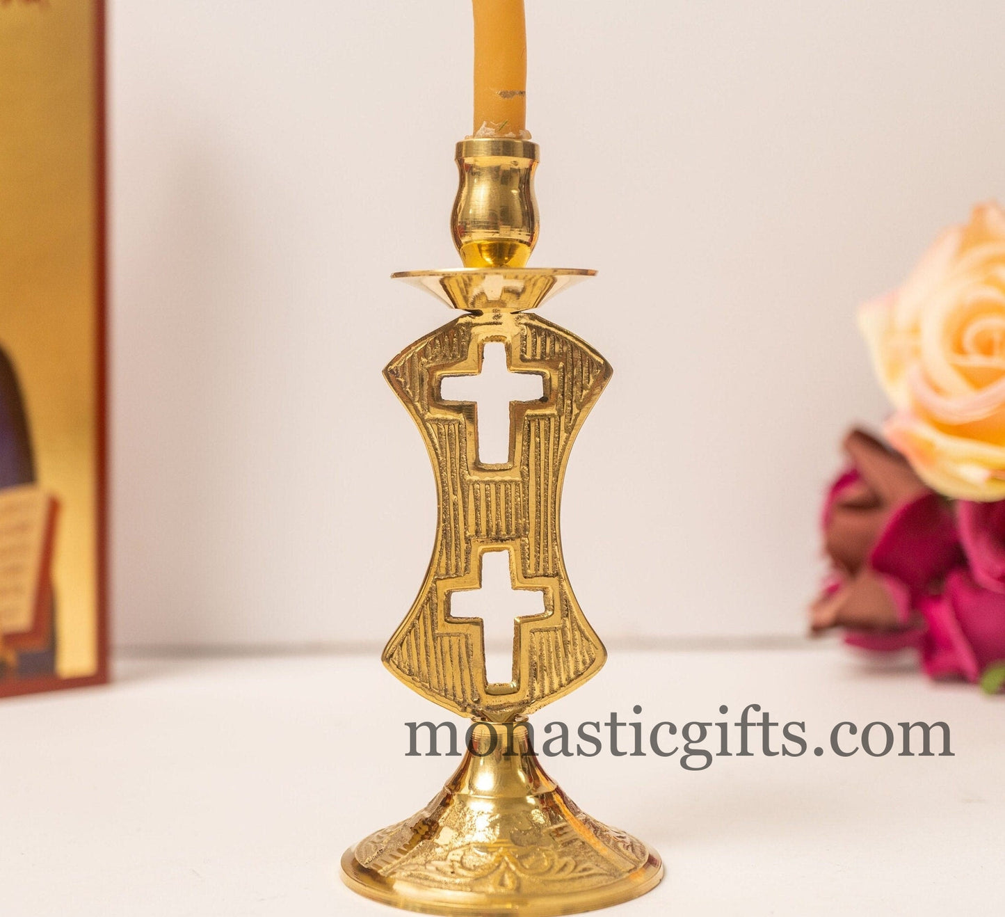 Brass Candle Holder with Dual Cross Design (1 Piece) Authentic and Beautiful Handmade