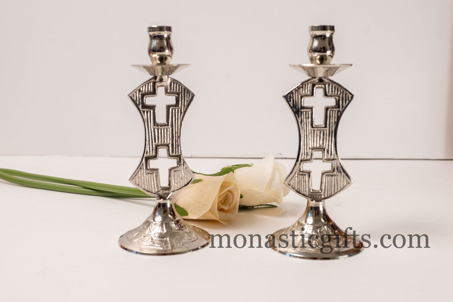 Candle Holder with Dual Cross Design (1 Pcs) -Authentic and Beautiful Handmade Brass (Nickel Plated)