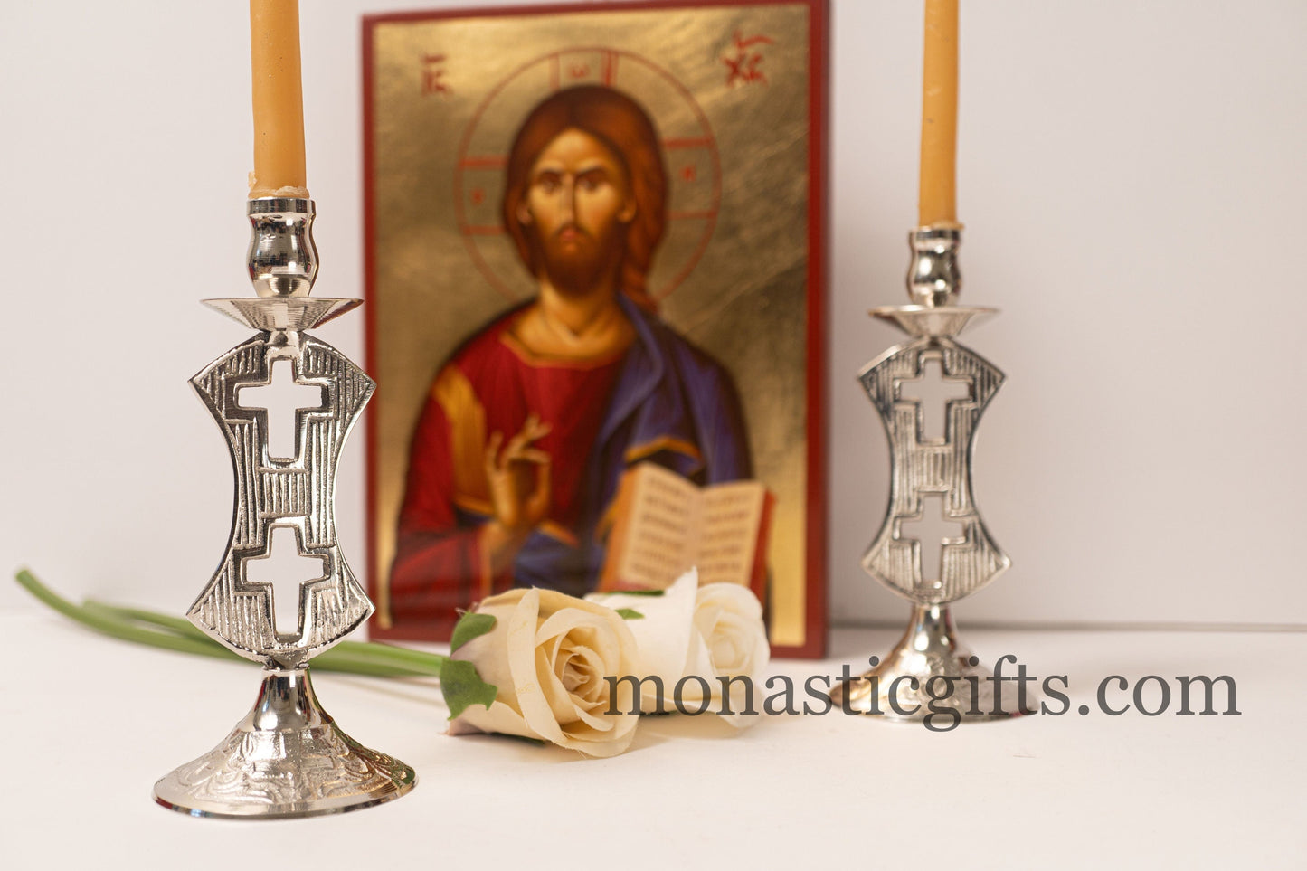 Candle Holder with Dual Cross Design (1 Pcs) -Authentic and Beautiful Handmade Brass (Nickel Plated)