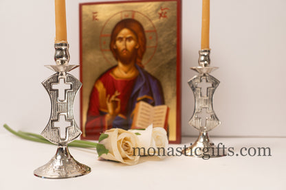 Candle Holder with Dual Cross Design (1 Pcs) -Authentic and Beautiful Handmade Brass (Nickel Plated)