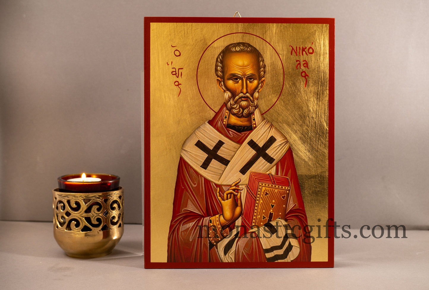 Saint Nicholas Greek-Byzantine Orthodox Icon of St Nick, Byzantine art wall hanging icon on wood plaque, religious gift