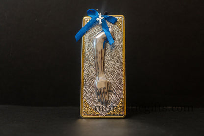 tama votive offering "Arm" votive with painted Golden corners Ribbon and Cross, Byzantine Greek  Eastern Orthodox Promise Icon, Ex Voto