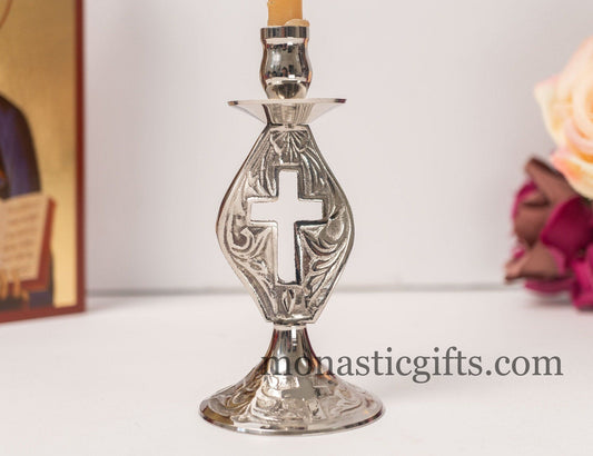 Brass (Nickel Plated) Carved Candlestick Candle Holder with cross Hand made brass candle holder 100%Authentic.