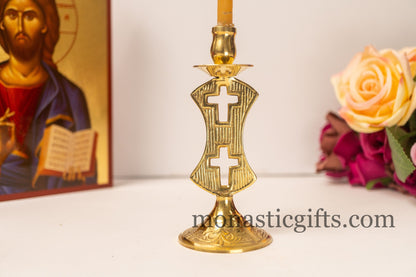 Brass Candle Holder with Dual Cross Design (1 Piece) Authentic and Beautiful Handmade