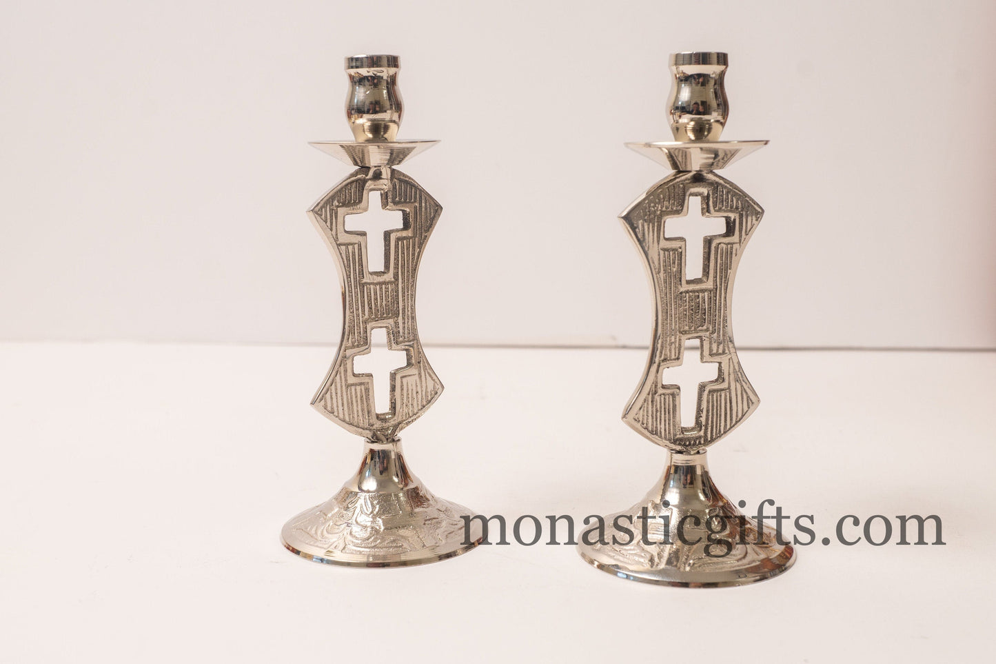 Candle Holder with Dual Cross Design (1 Pcs) -Authentic and Beautiful Handmade Brass (Nickel Plated)