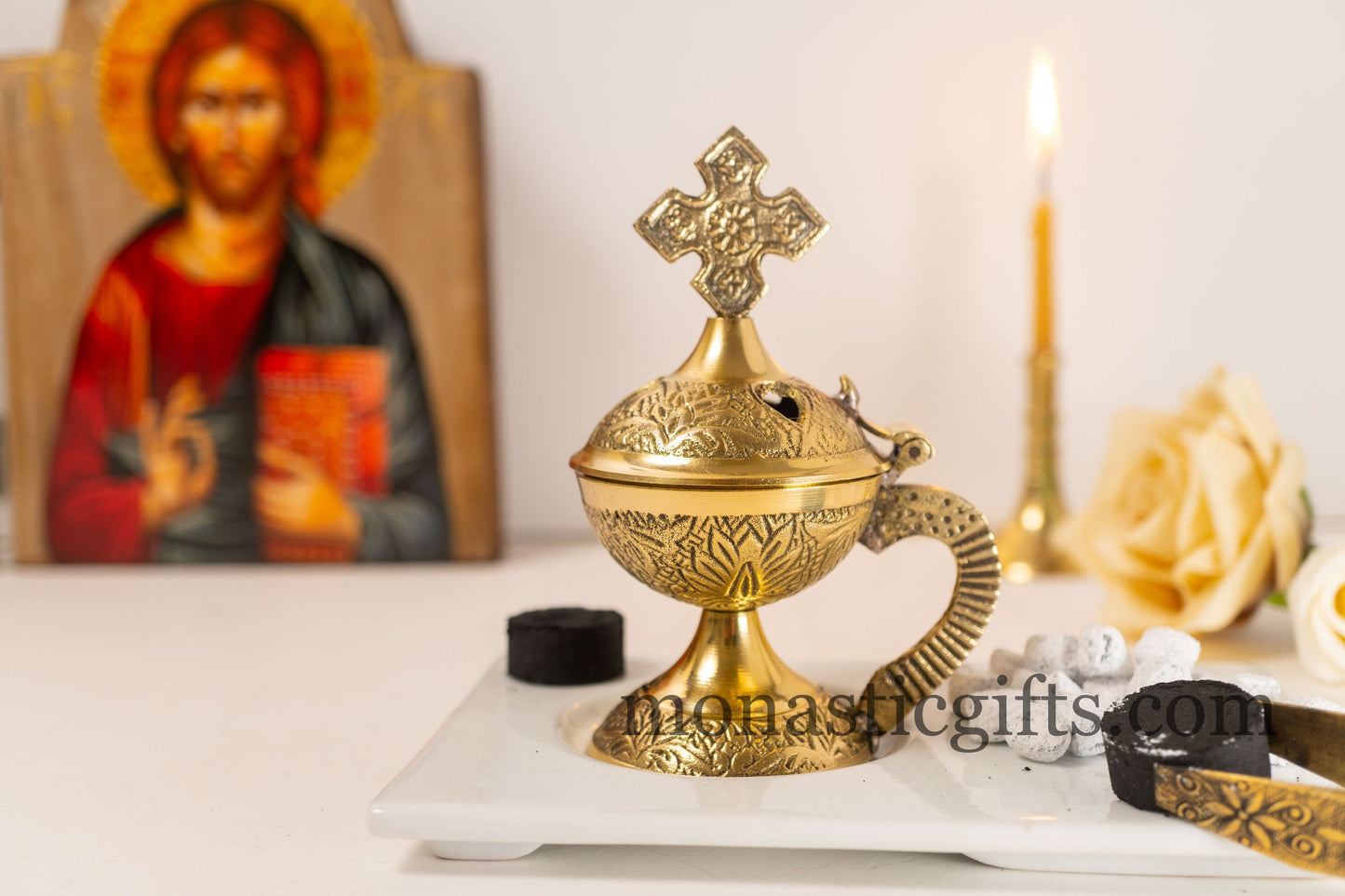 Small Brass Carved Incense Burner ,Handmade Burner with handle Christian Artefact With free Gifts