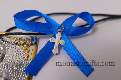 tama votive offering "Girl" votive with painted Golden corners Ribbon and Cross, Byzantine Greek  Eastern Orthodox Promise Icon, Ex Voto
