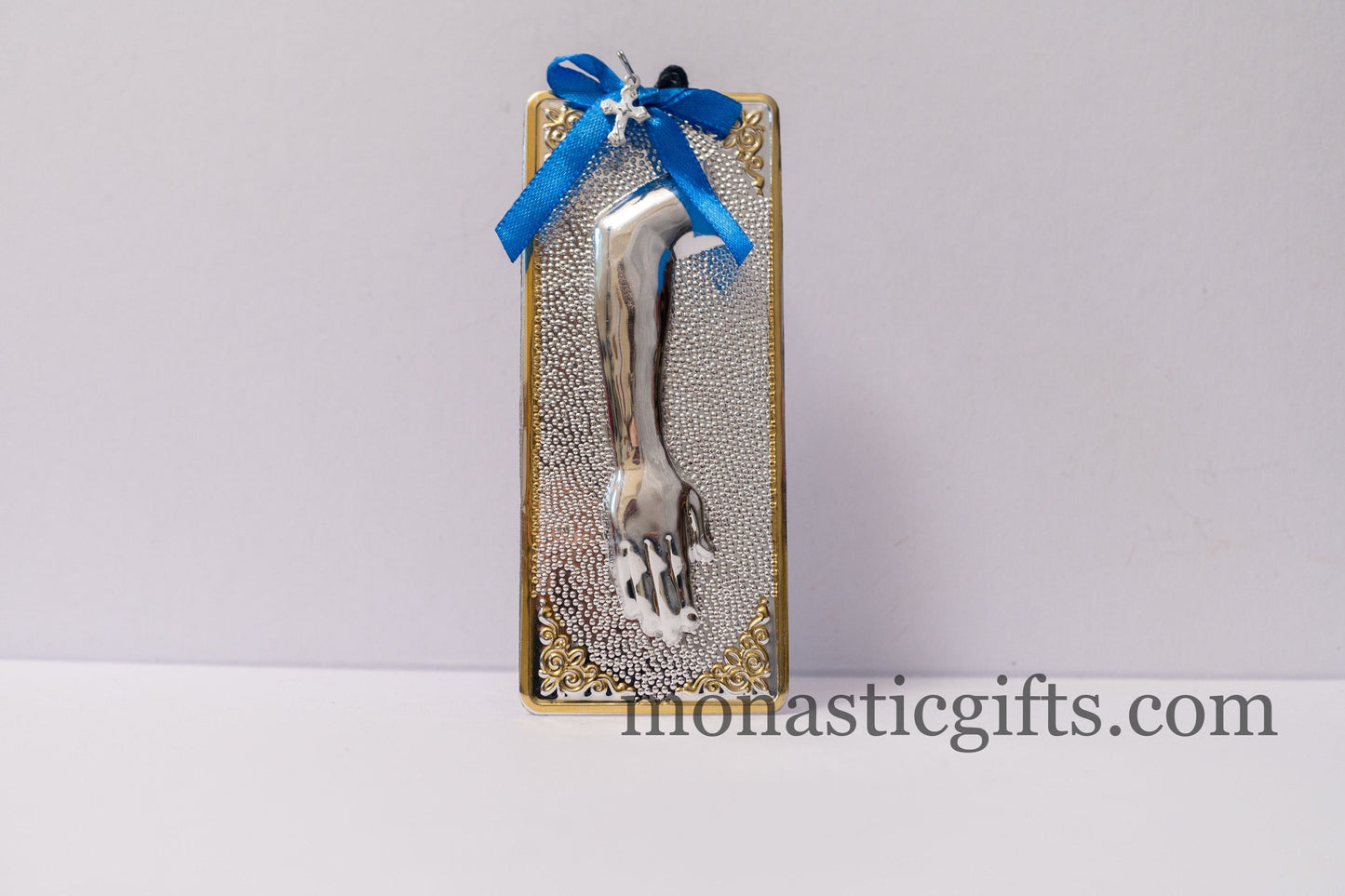 tama votive offering "Arm" votive with painted Golden corners Ribbon and Cross, Byzantine Greek  Eastern Orthodox Promise Icon, Ex Voto