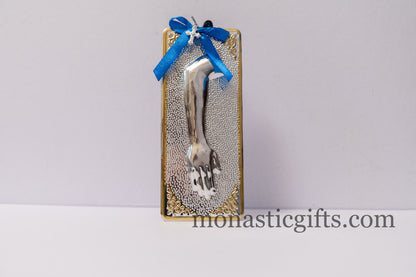 tama votive offering "Arm" votive with painted Golden corners Ribbon and Cross, Byzantine Greek  Eastern Orthodox Promise Icon, Ex Voto