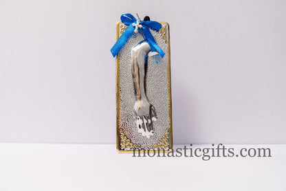 tama votive offering "Arm" votive with painted Golden corners Ribbon and Cross, Byzantine Greek  Eastern Orthodox Promise Icon, Ex Voto