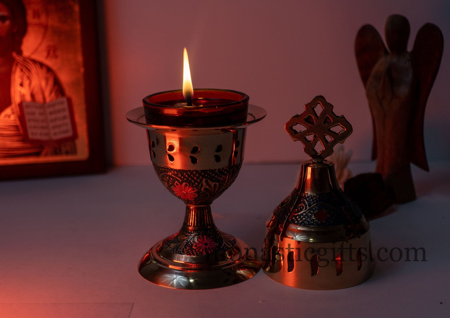 Standing Oil Lamps in Brass with Blue and Purple Enamel Coating -Handmade Oil Vigil Lamp Brass ,Oil Lamp Holders,Oil Candle with Glass Cup .