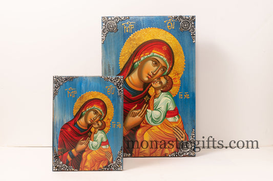 The Sweet Kiss of Virgin Mary, Orthodox icon , Byzantine icon of our Lord , art wall hanging on wood plaque amazing idea for gift.