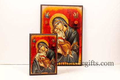 The Sweet Kiss of Virgin Mary with Angels, Orthodox icon , Byzantine icon of our Lord , art wall hanging on wood plaque amazing gift.