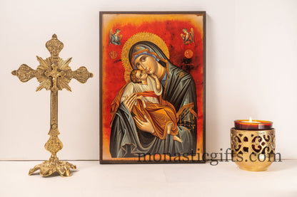 The Sweet Kiss of Virgin Mary with Angels, Orthodox icon , Byzantine icon of our Lord , art wall hanging on wood plaque amazing gift.