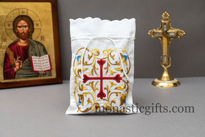 Embroidered Cotton Cloth Pouch for Prosphora,with Red Cross , Cloth Pouch for Prosphora, Orthodox Communion Bread Antidoron.