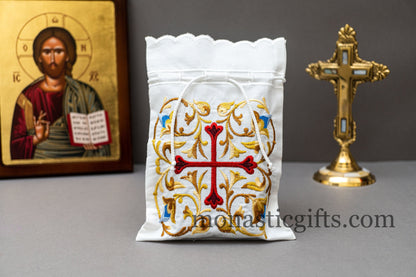 Embroidered Cotton Cloth Pouch for Prosphora,with Red Cross , Cloth Pouch for Prosphora, Orthodox Communion Bread Antidoron.