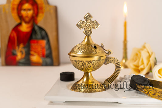 Small Brass Carved Incense Burner ,Handmade Burner with handle Christian Artefact With free Gifts