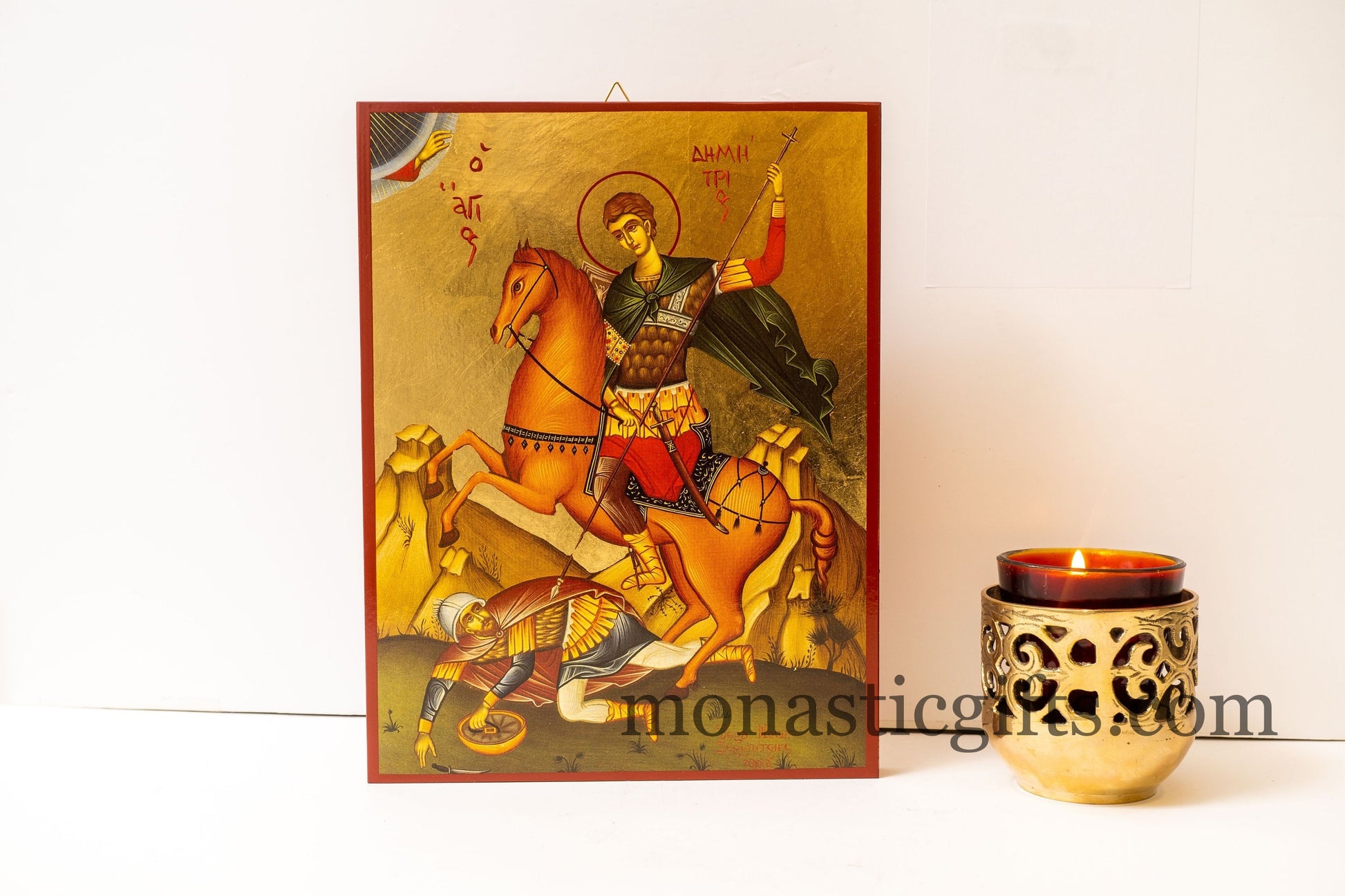 Handmade wooden Byzantine Orthodox icon of Saint Demetrios of Thessaloniki with hand-applied gold leaf background.
