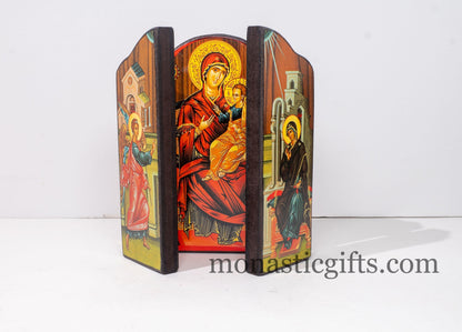 Triptych wooden Icon of Holy Theotokos on a throne  and narrative of the Virgin Mary's Annunciation on the outside, Greek Orthodox Icon