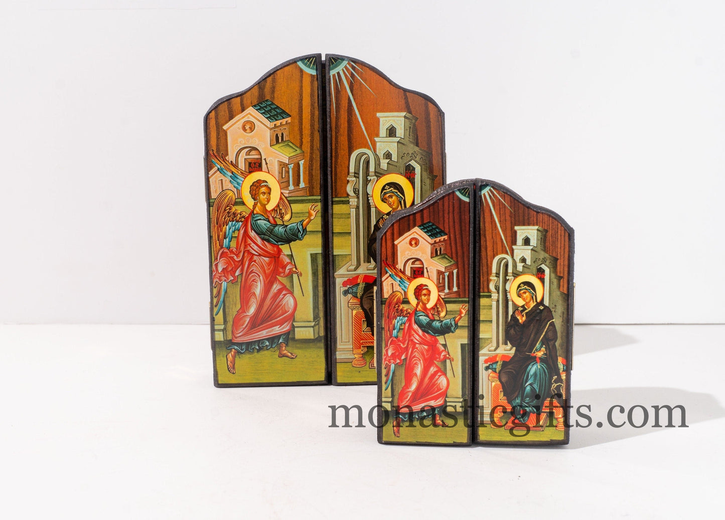 Triptych wooden Icon of Holy Theotokos on a throne  and narrative of the Virgin Mary's Annunciation on the outside, Greek Orthodox Icon