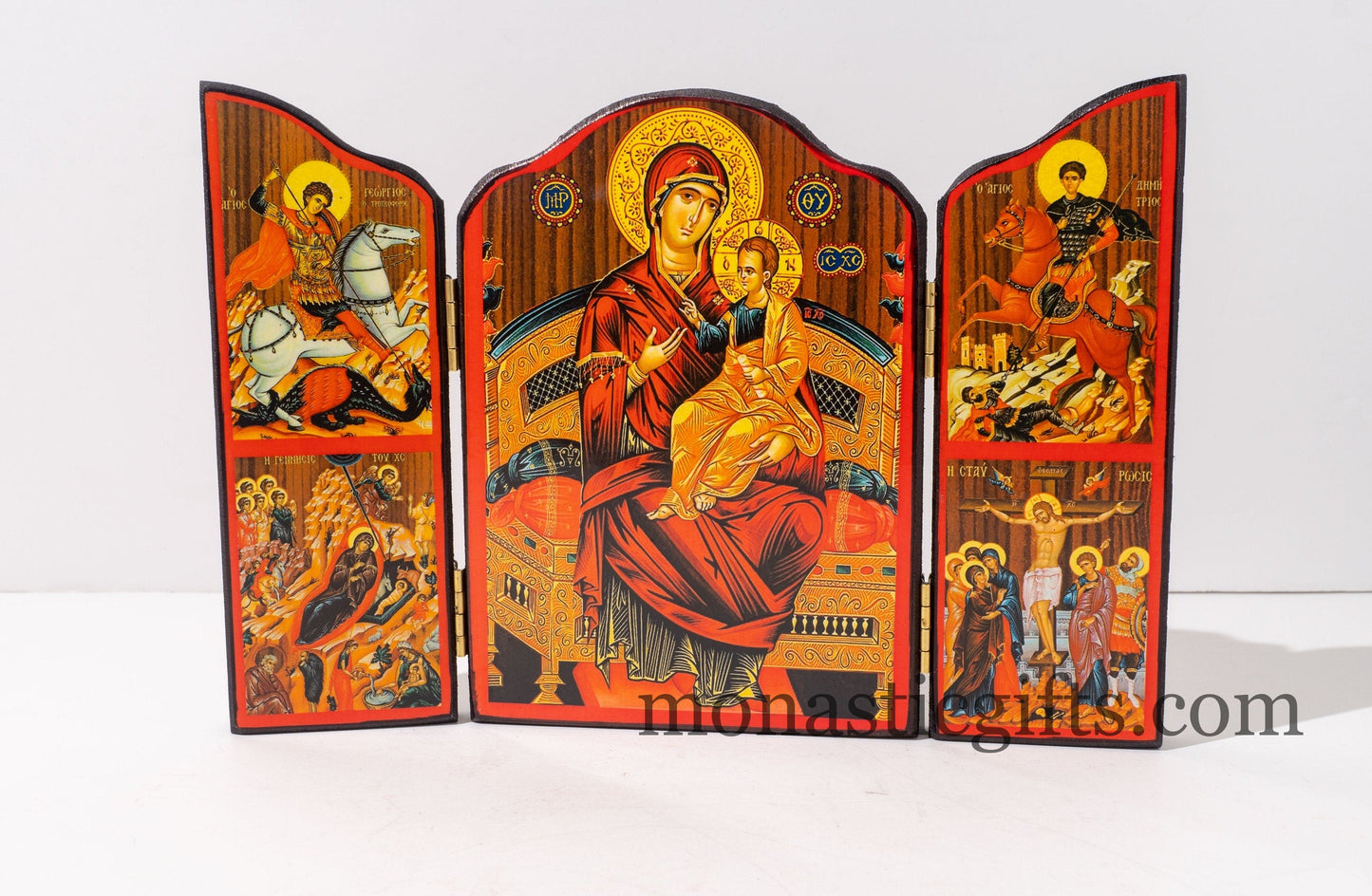 Triptych wooden Icon of Holy Theotokos on a throne  and narrative of the Virgin Mary's Annunciation on the outside, Greek Orthodox Icon