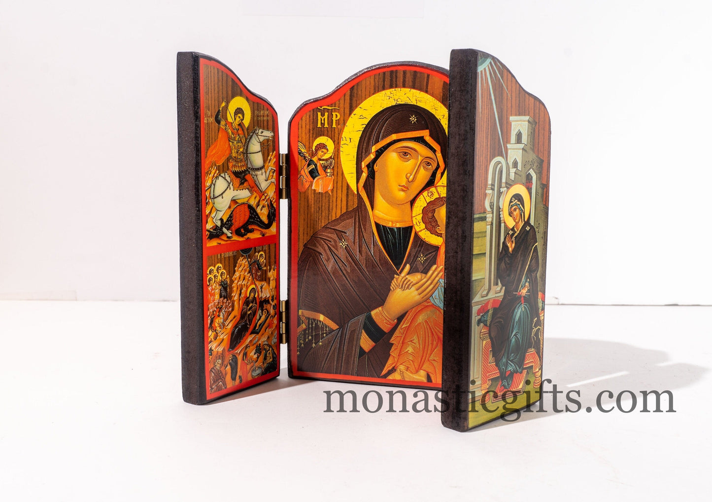 Triptych wooden Icon With Virin Mary ( Amolintos ) and narrative of the Virgin Mary's Annunciation on the outside, Greek Orthodox Icon