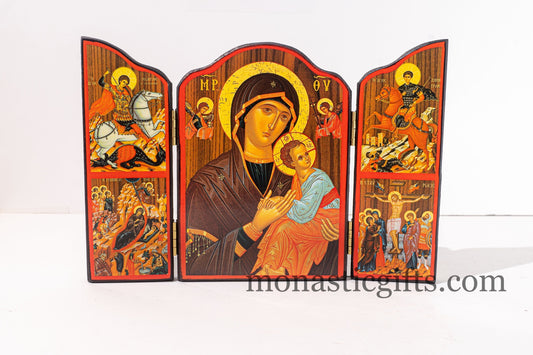 Triptych wooden Icon With Virin Mary ( Amolintos ) and narrative of the Virgin Mary's Annunciation on the outside, Greek Orthodox Icon