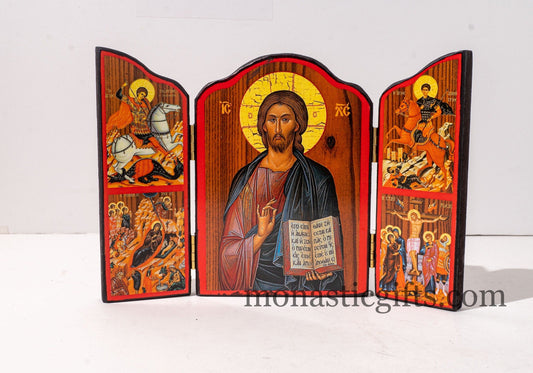 Triptych wooden Icon with Jesus Christ Blessing and narrative of the Virgin Mary's Annunciation on the outside , Greek Orthodox Icon