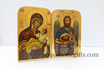 Diptych carved  wooden Icon with Virgin Mary Megalohari  and Saint John , Greek Orthodox Icon , Home Decor,Orthodox Gift