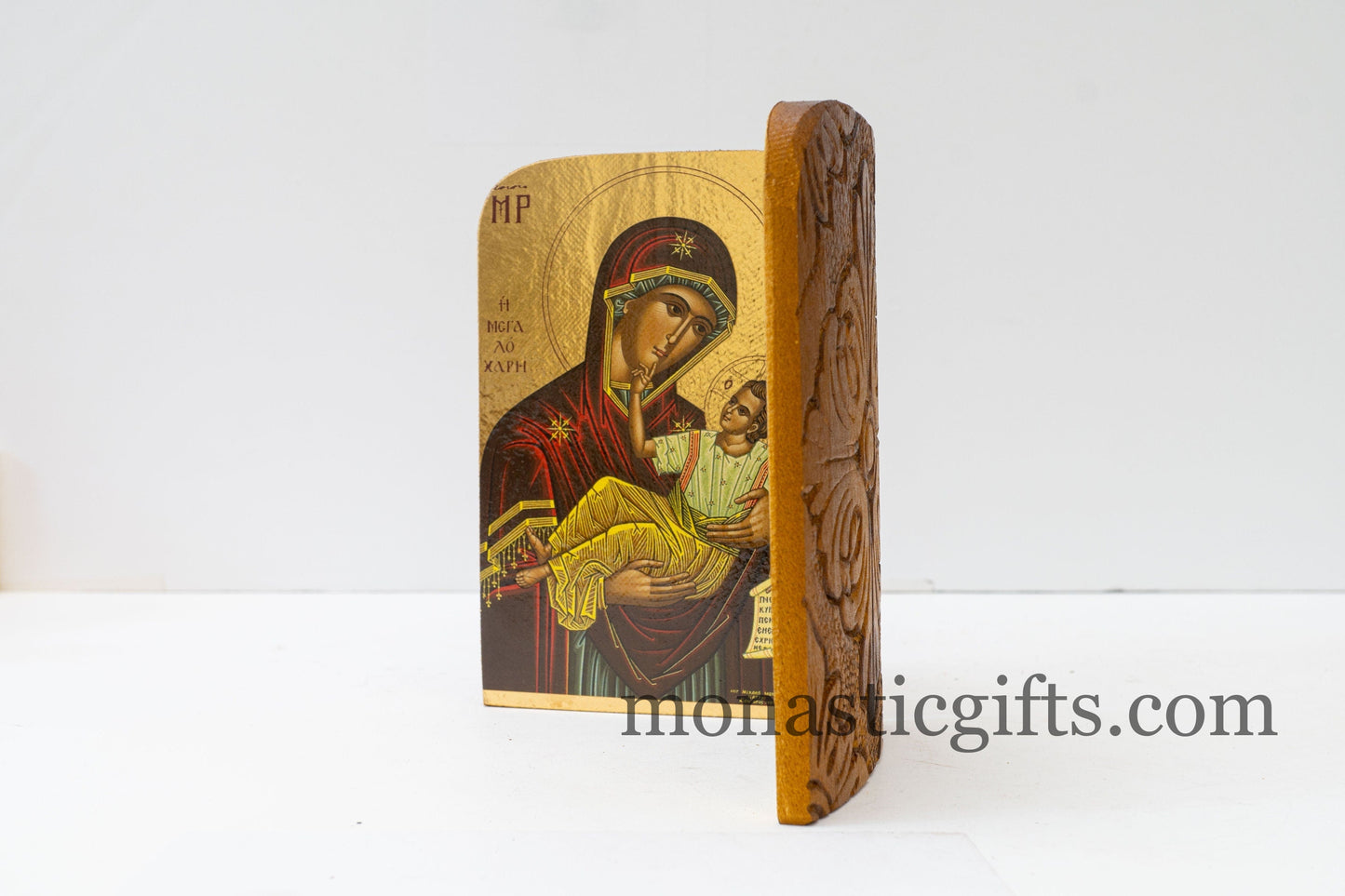 Diptych carved  wooden Icon with Virgin Mary Megalohari  and Saint John , Greek Orthodox Icon , Home Decor,Orthodox Gift