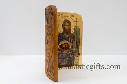 Small Diptych carved  wooden Icon with Virgin Mary Megalohari  and Saint John , Greek Orthodox Icon , Home Decor,Orthodox Gift